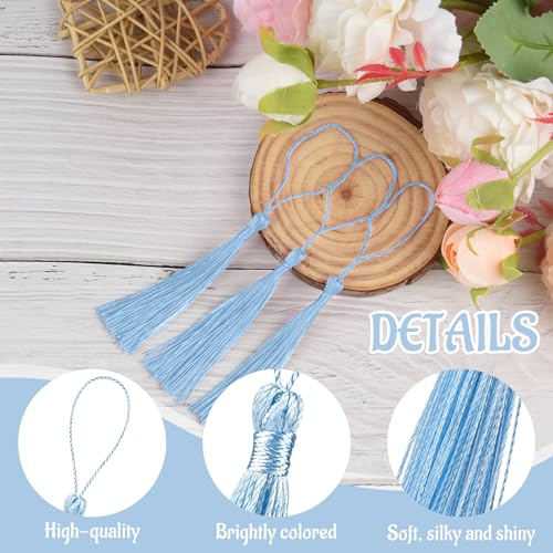 Image of 100 Pcs Bookmark Tassels Bulk Light Blue Soft Craft Silky Handmade Mini Tassels for Jewelry Making with Loops for DIY Craft Accessory Dress Decoration