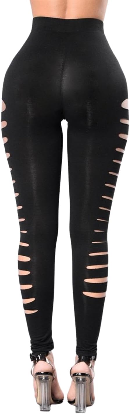 Womens Cut Out Ripped Leggings Sexy High Waist Workout Running Skinny Yoga Pants Elastic Waist - Image 2