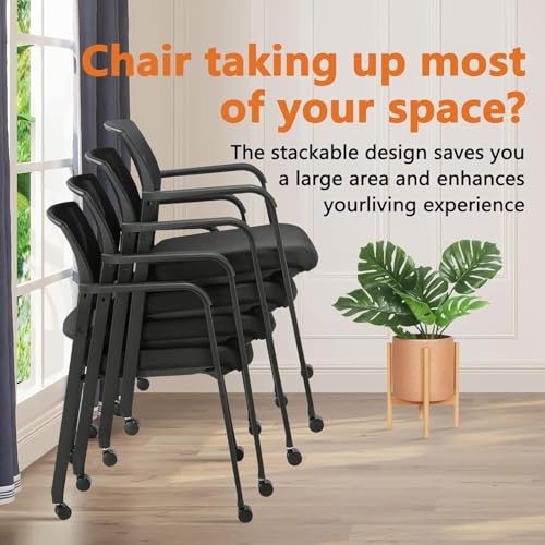 Image of CLATINA Rolling Conference Room Chairs Set of 8, Stackable Office Guest Reception Chair with Armrests and Wheels, Mesh Back Waiting Room Stools for Office, School, Lobby, Church, Black