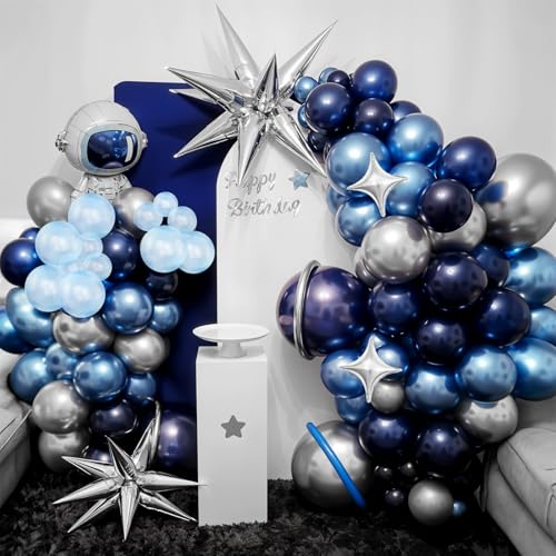 Image of Blue Silver Balloon Arch Kit, Star Foil Balloons for Boys Birthday Party | Chrome Silver, Pearl and Royal Blue Latex Balloons for Boys Birthday, Ocean Theme Party, Baby Shower and Party Decorations
