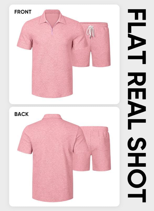 JMIERR Men's Tracksuits 2 Piece Outfits Casual Sweatsuit Textured 1/4 Zip Short Sleeve Golf Polo Shirt and Short Sets - Image 6