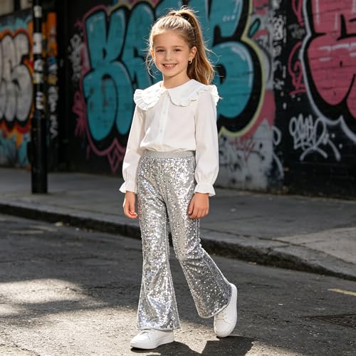 Image of LOLANTA Girls Sequin Flare Pants Sparkle Bell Bottoms Kids Elastic Waist Glitter Disco Dance Trousers(Silver,9-10Y)