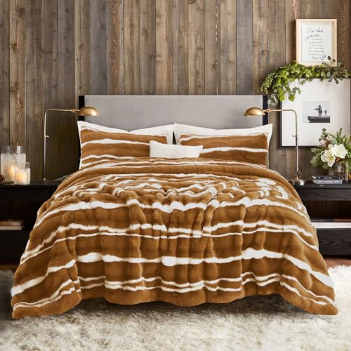 Image of Wonderful 3 Pieces Fluffy Faux Rabbit Fur Comforter Set King Size, Caramel Plush Fuzzy Bedding Set, Animal Stripes Design Warm Soft Comforter Bedding Set for All Season,104 inchx94 inch