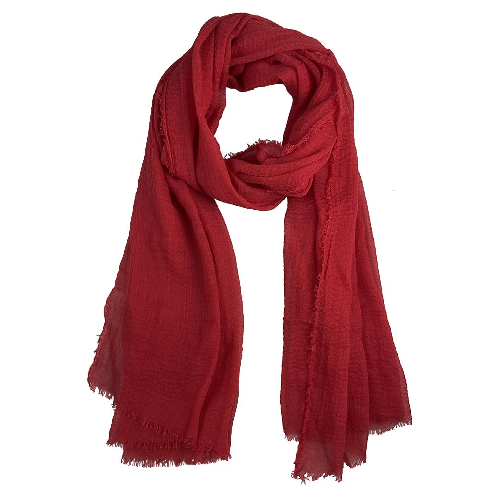 Summer Cotton Blend Crinkle Vintage Soft Scarf with Fringed Edges 35" × 70"
