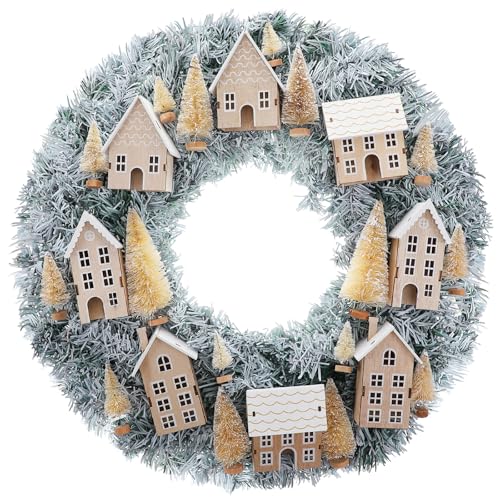 Daifunli Christmas Wreaths for Front Door Xmas Village Wreath Christmas Village Accessories Outside Christmas Wreaths for House Mini Craft Wreaths Winter for Windows, Walls, Xmas Decorations, 20 Inch