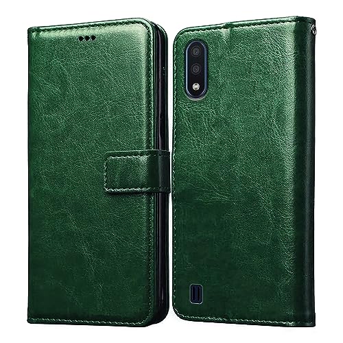 Image of Amazon Brand - Solimo Flip Leather Mobile Cover (Soft, Flexible & Kickstand Back case) Compatible for Samsung Galaxy M01 (Green)