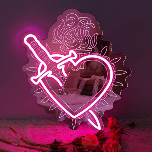 Image of Heart Shaped Mirror Neon Sign, LED Vanity Wall Light for Makeup Table, Bedroom or Dressing Area, Romantic Wall Decoration with Adjustable Brightness, 17.3 inch x 14.7 inch