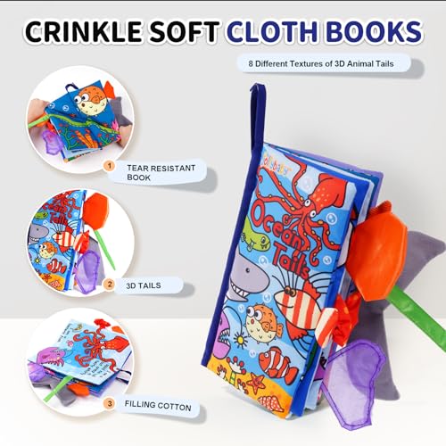 Image of Jollybaby Baby Cloth Books, Touch & Feel Crinkle Soft Books, for Infants Babies, Toddler Early Educational Interactive Stroller Toys, Baby Girl & Boy Gift(Ocean Tails)
