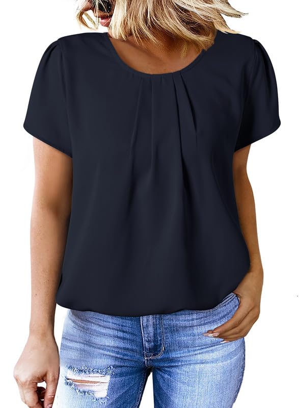 Dokotoo Women's Casual Round Neck Basic Pleated Tops Short Sleeve Loose Fit Curved Keyhole Back Chiffon Blouses Tshirts
