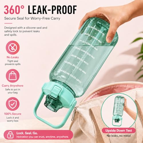 Image of DFIT 2L Transparent Motivational Water Bottle with Motivational Quotes, Time Marker, cute stickers, sippers, Leakproof Durable BPA Free Non-Toxic Plastic Bottle for Fitness, Gym (Green)