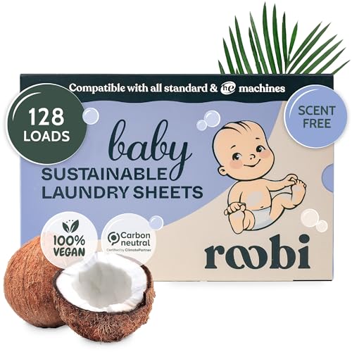Image of Roobi Baby Laundry Detergent Sheets. Specially Formulated for Sensitive Skin. Newborns, Infants & Toddlers Clothes. Unscented. Up to 128 Loads