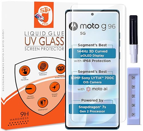 Image of STP FEEL Premium UV Tempered Glass Screen Protector Guard Compatible For Motorola G96 5G / Moto G96 5G (6.67 Inch, Pack of 1) Full Adhesive UV Curved Case Friendly HD Clarity
