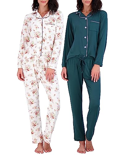 4 piezas: Conjunto de pijama de manga larga y corta para mujer, cuello de muesca ultra suave, con pantalones y pantalones cortos, Manga larga – Set 3, Large