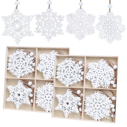 32 Stück Schneeflocken Deko Holz Weiß 8 Design Christbaumschmuck...