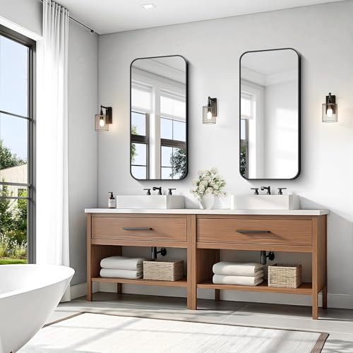 Image of KOCUUY Black Mirror 20 inch x 40 inch, Metal Frame Vanity Mirror for Wall, Rectangle Bathroom Mirror with Rounded Corner, Upgraded Shatterproof Glass for Bathroom, Bedroom, Hang Horizontal or Vertical