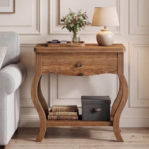 Solid Wood End Table with Drawer Set of 2, Tall Side Table for Living Room - Image 4