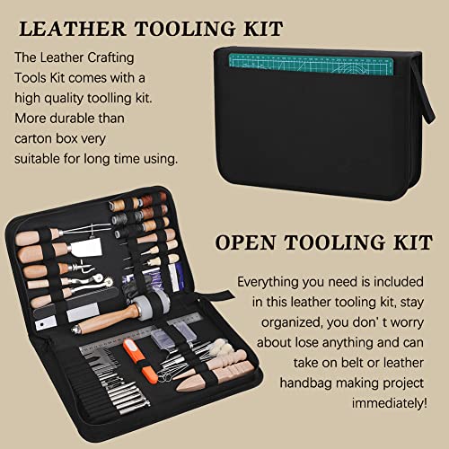 Image of Jupean Leather Working Kit, Tooling Tool Kit With Stamping Tools Storage Bag Cutting Mat Prong Punch Waxed Thread Stitching Groover For Craft