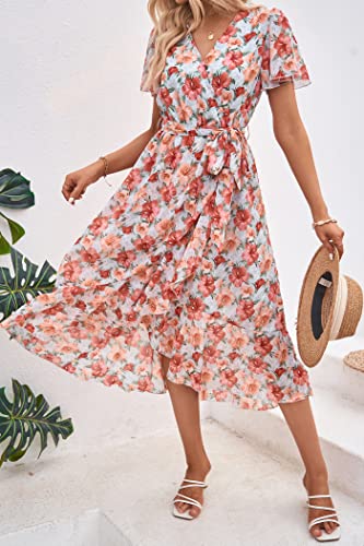 Image of PRETTYGARDEN 2023 Women's Floral Summer Dress V Neck Short Sleeve Ruffle Hem A-Line Boho Maxi Dresses
