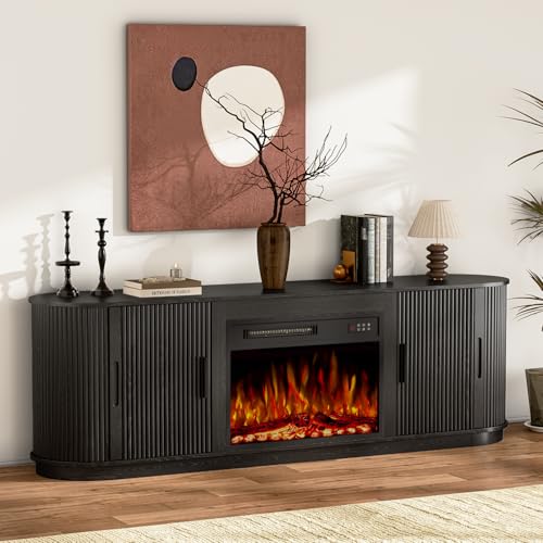 Image of Waleaf 70 inch Fluted Fireplace TV Stand with 23 inch Electric Fireplace for TVs Up to 80 inch, Entertainment Center with Sliding Door, Curved Profile Design, Wood Console for Living Room, Black