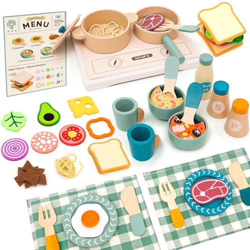 HAPGFS Wooden Play Cooking Set, Kids Pretend Play Kitchen Accessories Toys Set, Includes Play Plates, Pots, Bowls, Pans, Cutlery, Includes Fake Food, Gift for 3 4 5 Years Old Girls Boys for Birthday