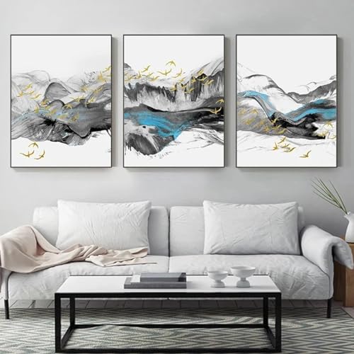 Peinture abstraite paysage chinois moderne en 3 panneaux 60x80cm