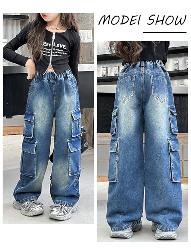 Panegy Girls Straight Jeans Wide Leg Denim Pants Kids Casual Y2K Cargo Jeans with Pockets 5-14 Years4