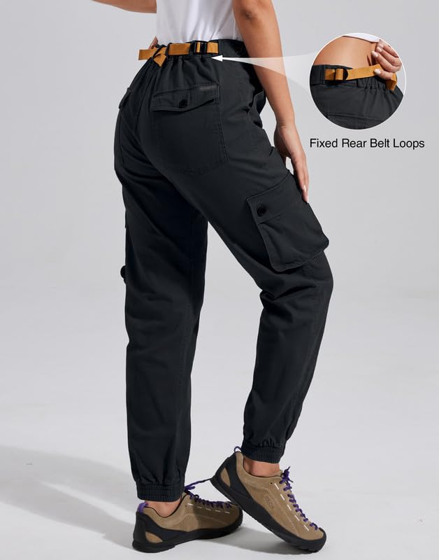 Pioneer Camp Cargohose Damen Lang Wanderhose für Frauen Strapazierfähig Cargo Hosen Verstellbarer Bund Outdoor Jogginghosen mit 6 Taschen Schwarz L