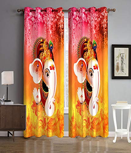 Image of DECOMIZER Polyresin 3D Digital Printed Premium God Ganesha Face Print Curtains for Home Polyester Knitting Curtain Multicolor for Pooja ghar mandir Temple Home 4 x 5 Feet Window Curtain - 1 Piece