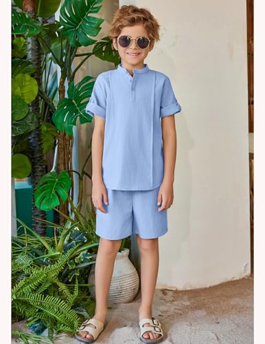 Image of Arshiner Boy's 2 Pieces Linen Sets Short Sleeve Henley Shirt and Shorts Summer Beach Matching Outfits 4-12 Years