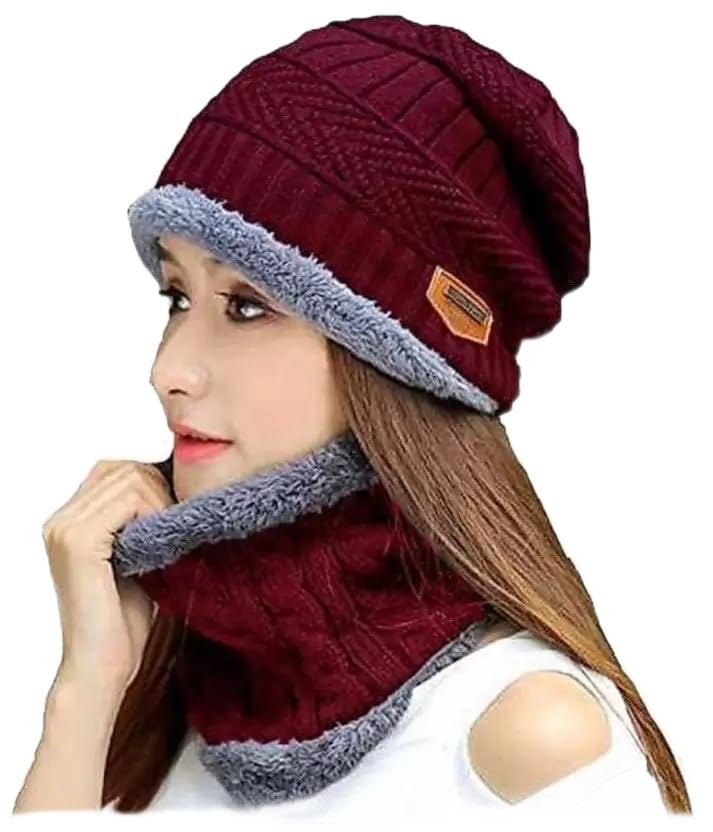 Men Woolen Beanie Cap | Winter Knit Hat & Scarf Set | Cold Weather Accessory | Lightweight & Warm Winter Cap (Maroon)-image-28