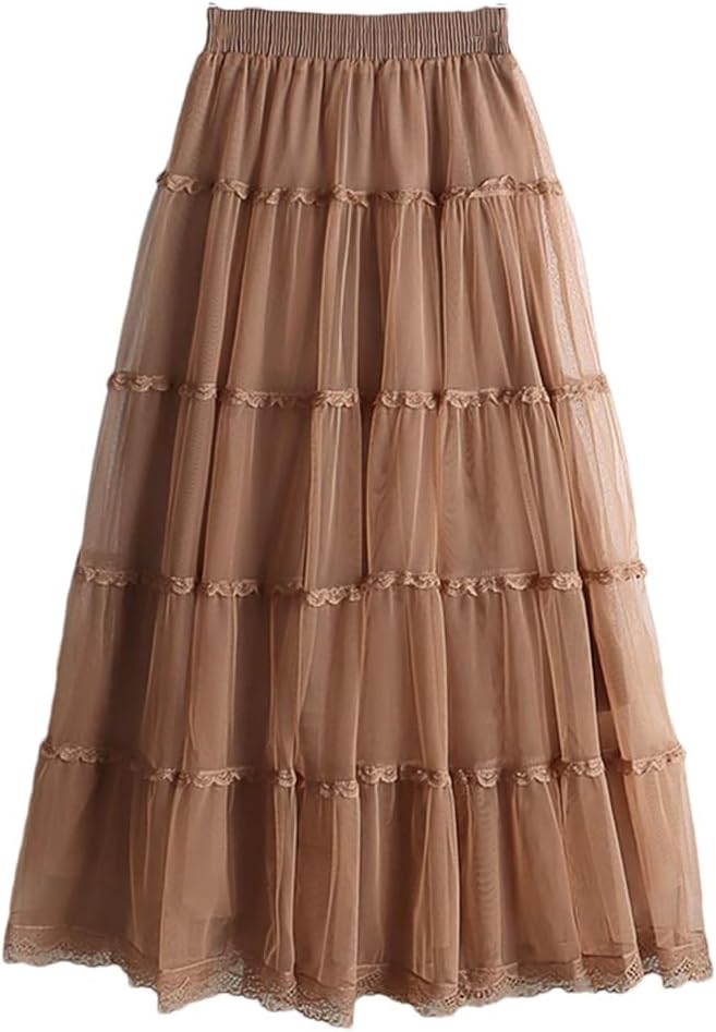Patchwork Lace Tulle Skirt for Women Spring Summer Elegant Solid Mesh High Waist Midi Long Skirt