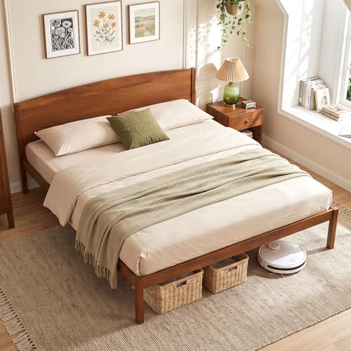 Image of GIANTEX King Size Wooden Bed Frame with Curved Headboard, Wood Slat Support