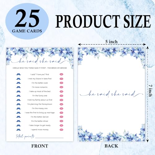 Image of He Said She Said Bridal Shower Games, 25 Blue Floral Bridal Shower Game Cards Set, Engagement Party Game for Guests, Wedding Games for Reception, Minimalist Marriage Party Supplies-12