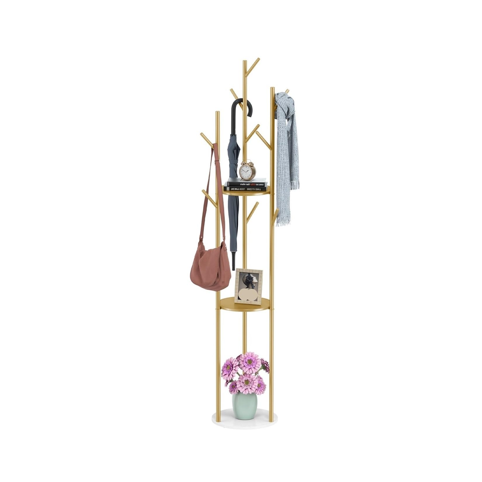 DFHS46JK Hat Rack Marble Metal Coat Rack Freestanding with 3 Storage Shelves and 9 Hooks for Hanging Coats, Jackets, Hats, Bag for Office