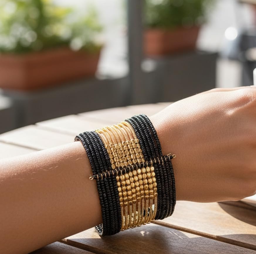 Image of Touchstone Indian Colorful Bead Bracelet Bollywood Beaten Metal Beads Openable Broad Cuff Bracelet in Gold or White Tone for Women.