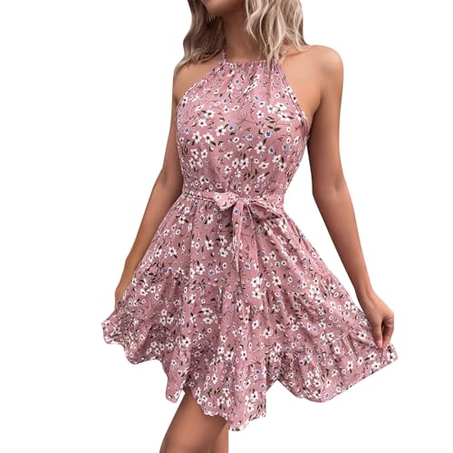 Women Girls Summer Spaghetti Strap Dresses Flowy Tiered Ruched Smocked Back Casual Beach Midi Sundress Party Dress with Belt