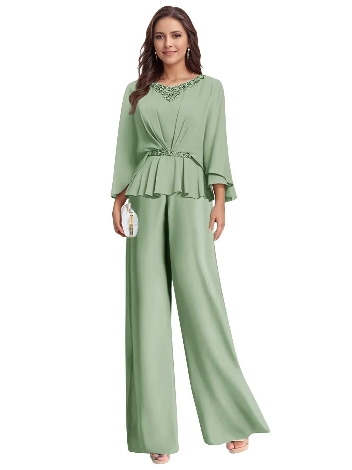 Elegant Chiffon Mother of The Bride Pantsuit for Wedding Womens 2 Pieces Beaded Formal Pant Suits