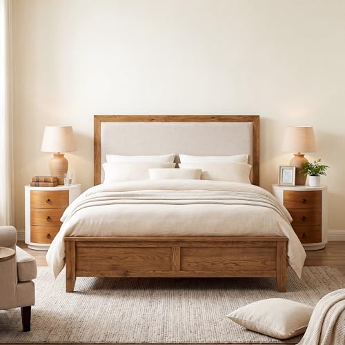 Image of HOMPUS Fully Assembled Round Nightstand, 3 Drawer Chest of Drawers, Wood Rustic Farmhouse Dresser, Retro Modern Night Stand, Wood Rustic Farmhouse Dresser with Drawers for Bedroom, Brown + White