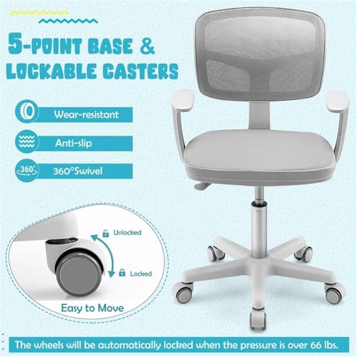 Image of Pemberly Row Kids Study Chair, Adjustable Height 31.5 inch-36 inch, Mesh Back, Padded Armrests, Auto Brake Casters, Y-Shaped Lumbar Support, Swivel Seat, Gray Upholstery, Comfortable Chair for Children