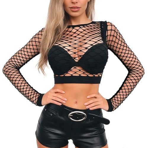 Netzoberteil Damen Festival Netzshirt Netz Oberteil Mesh Oberteil Damen Festival Fishnet Top Netztop Fishnet Mesh Crop Top Netz Shirt Bluse Schwarz