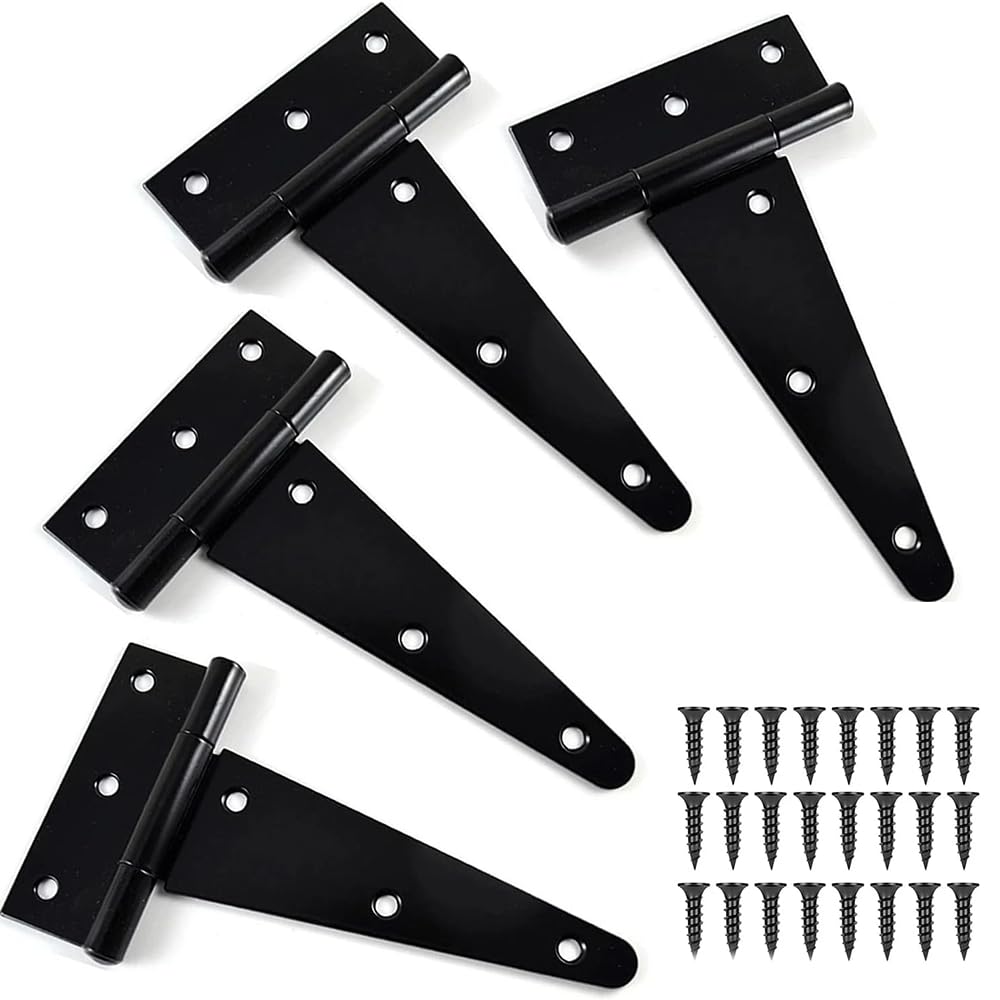 Crozgan 4Pcs Garden Gate Hinges,Heavy Duty Gate Hinges, Black Garden Gate Shed Metal T Strap Tee Hinges with Screw for Wooden Shed Gates Barns Fence Window (3inch)