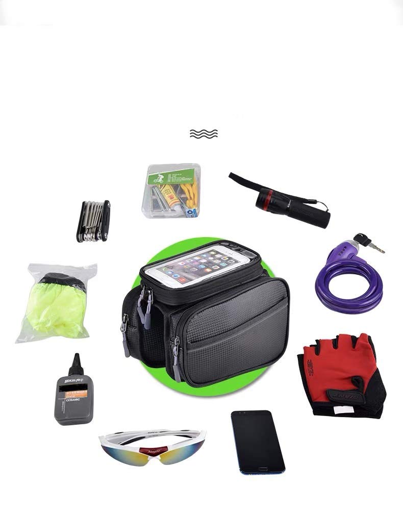Borsetta Doppia Bicicletta, Borsa Impermeabile Manubrio Ciclismo, Portacellulare Multifunzionale da Bici per i Telefoni Fino a 6.5 Pollici. (Nero)
