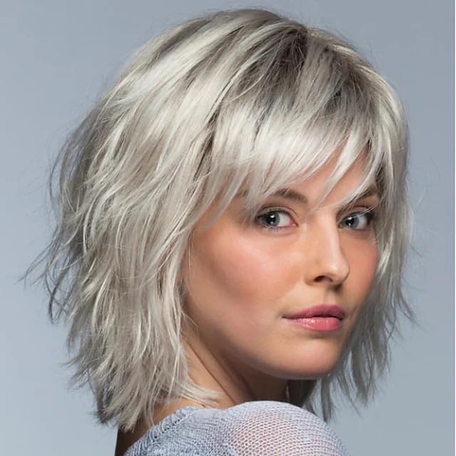 Womens Short Shaggy Wavy Wig with Bangs Natural Layered Synthetic Heat Resistant Hair for Daily Wear(Silver Gray Gradient)
