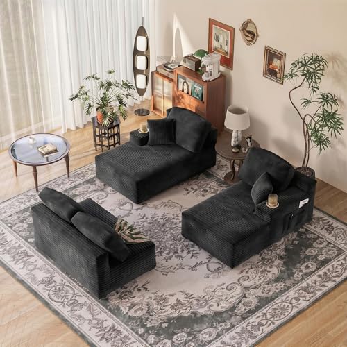 Image of Homall 142 inch Boneless Couch, Modular Sectional Sofa, No Assembly Required, Memory Foam Filling, Corduroy U-Shaped Sofa, Movable Multi-Person Couch for Living Room (Black)