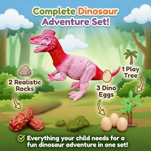 Image of ZESTHOME Big T-Rex Dinosaur Toy Set for Kids with Eggs, Rocks & Tree | Realistic Jurassic Dino Figure Playset | BPA-Free Non-Toxic Educational Gift Toy for Boys & Girls Age 3+