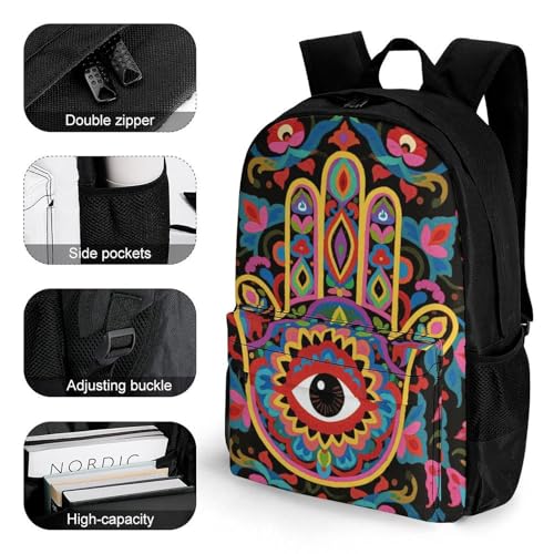 Supdreamc Rucksack Anti-Theft Multipurpose Large Capacity Carry On Bag - Colorful Eye Hamsa Hand Lotus Ethnic Indian Art Travel Hiking Bag & Day Pack With Side Pockets3