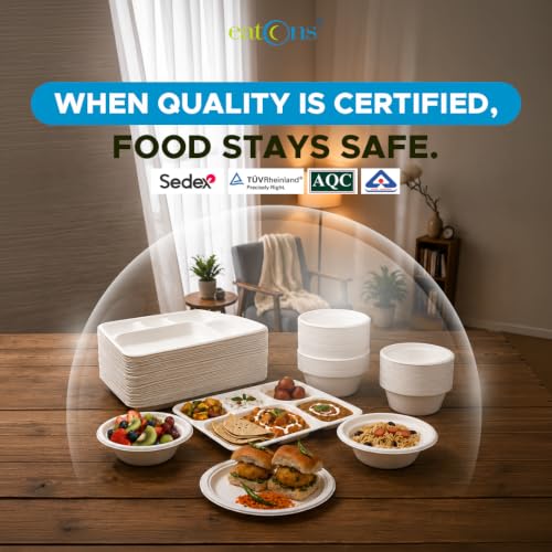 Image of EATONS White Bagasse 3-Compartment Disposable Meal Tray, 9 inch Pack of 5 | Eco-Friendly Compostable, Unbleached & Non-Toxic | Microwave & Freezer Safe, Leak-Proof | Party, Thali & Takeaway Plates