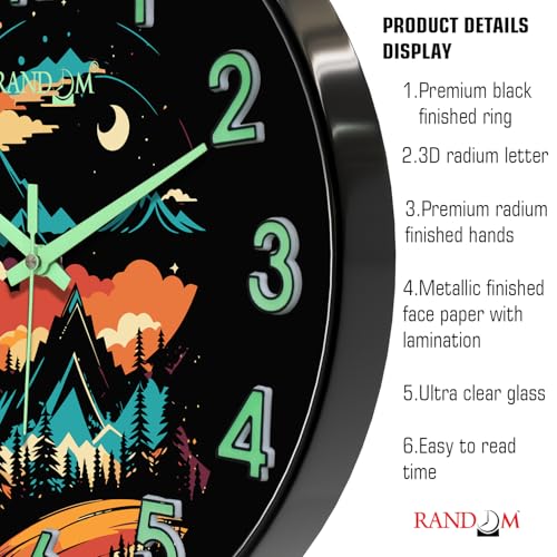 Image of RANDOM Glow in The Dark Wall Clock, Silent Non-Ticking, Mountain Landscape Design with Luminous Numbers, Black Frame, for Living Room Bedroom Office