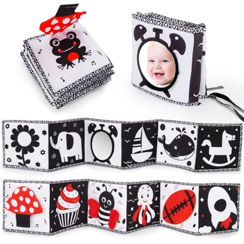 Image of Black and White High Contrast Toys for Baby 0-3 3-6 months Infant Tummy Time Soft Book Sensory Musical Toy 0-2-4-6 month Babies Brain Development Montessori Crinkle Book Mirror Newborn Shower Gifts