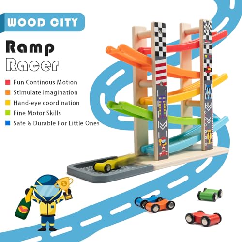 WOOD CITY Toddler Toys for 1 2 3 Years Old, Wooden Car Ramp Racer Toy Vehicle Set with 5/7 Mini Cars & Race Tracks, Montessori Toys Craft Gift for Toddlers Boys and Girls (ramp Racer-5 Layers) - Thumbnail 3